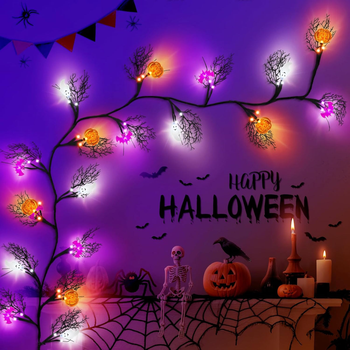 [8 Modes&Timer] 6Ft 45LED Halloween Willow Vine Twig Garland with Orange Lights - Battery Operated, Waterproof Halloween Decor for Indoor Wall, Fireplace Mantle, Home Party (Pumpkins&Bats&Ghosts, 6FT)