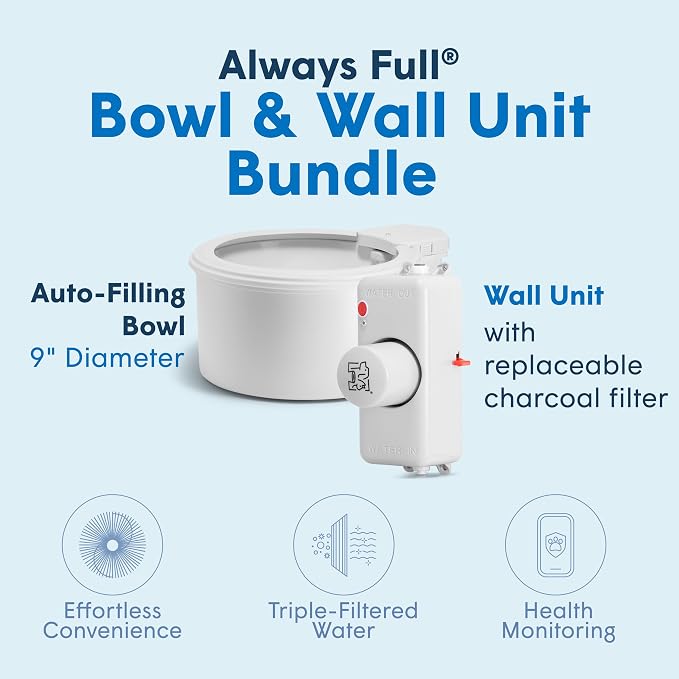 Always Full® 9" Self-Refilling Dog Water Bowl with Wall Unit | Self-refilling filtered water with app-enabled hydration monitoring; easily upgradeable to the Always Full® Wall Unit.
