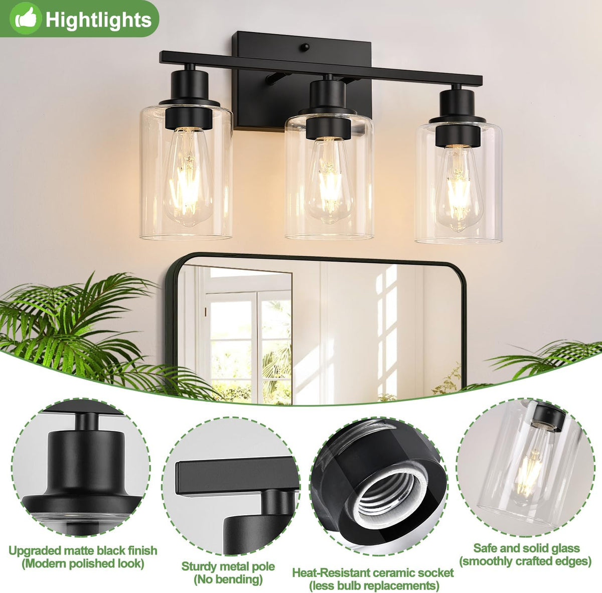 3 Light Bathroom Light Fixtures, Matte Black Modern Vanity Lights with Clear Glass Shade, Bathroom Wall Lamp for Mirror Kitchen Living Room Hallway Cabinet Porch