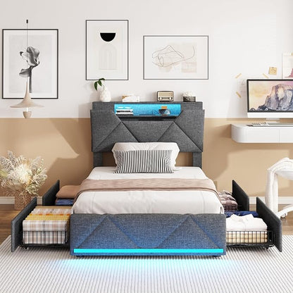 Vabches Twin Bed Frame with Storage Headboard and 4 Drawers,Upholstered Platform with Charging Station and Led Lights,Adjustable Headboard,No Box Spring Needed,Dark Grey
