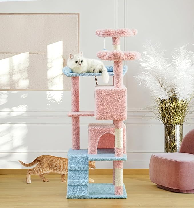 Made4Pets Cat Tree Tower 56" Cat Tower for Indoor Cats Kitten Tree Multi-Level Cat Tree with 2 Condo Furniture Activity Center with Scratching Posts Funny Toys (Pink Flower Blue)