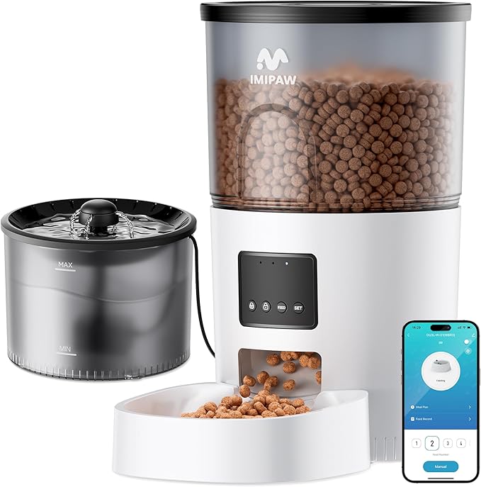 IMIPAW 5G WiFi Automatic Cat Feeder and Water Dispenser, Timed Dry Food Dispenser APP Remote Control, Programmable Portions, with Desiccant, Cat Fountains for Drinking with Filter, Small Pets (Combo)