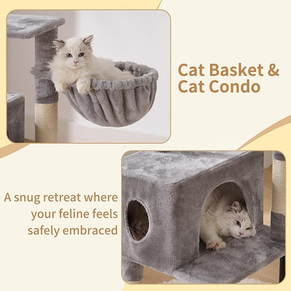 Heybly Cat Tree, 49.2 Inches Cat Tower for Indoor Cats, Spacious Cat House Condo with Hidden Space，Sturdy Steel Tube，Soft Plush Top Perch，Cozy Hammock and Sisal Scratching Posts, Light Gray HCT200SW