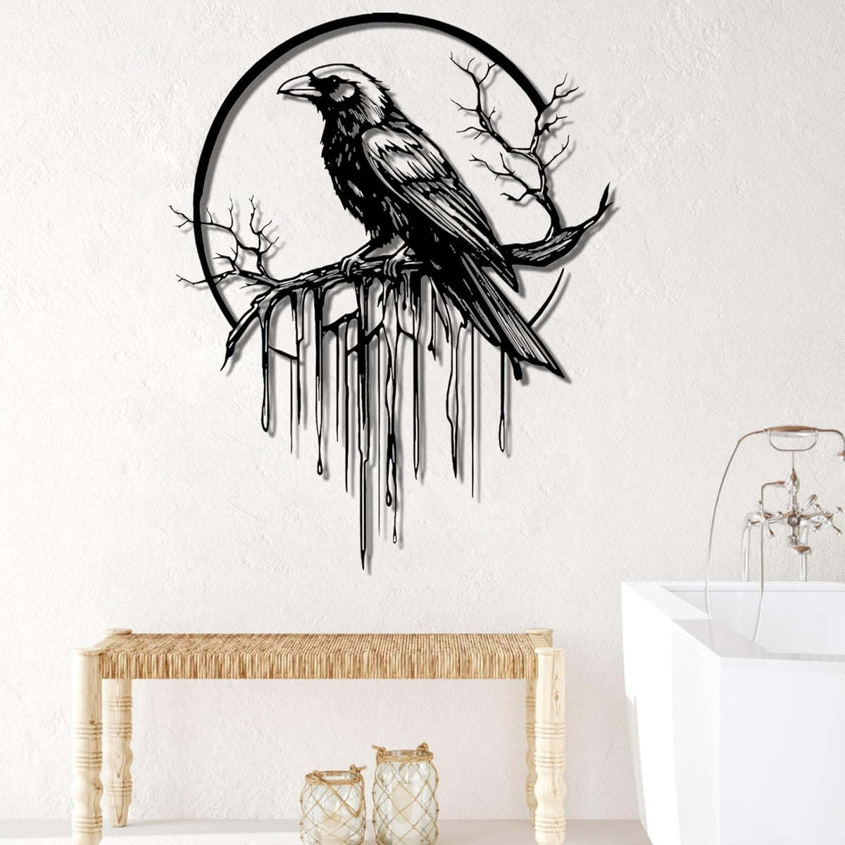 Crow Metal Wall Decor, Raven Wall Art, Large Gothic Raven Decor Hangings, Bird Wall Decor, Metal Tree Branch Decor, Ravens Sign, Raven Art for Living Room (Black, 35"x28" | 90x72cm, metal wall art)
