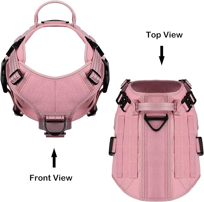 ICEFANG Tactical Dog Harness,Medium Size, 2X Metal Buckle,Working Dog MOLLE Vest with Handle,No Pulling Front Leash Clip,Hook and Loop Panel (Pink, M (Pack of 1))