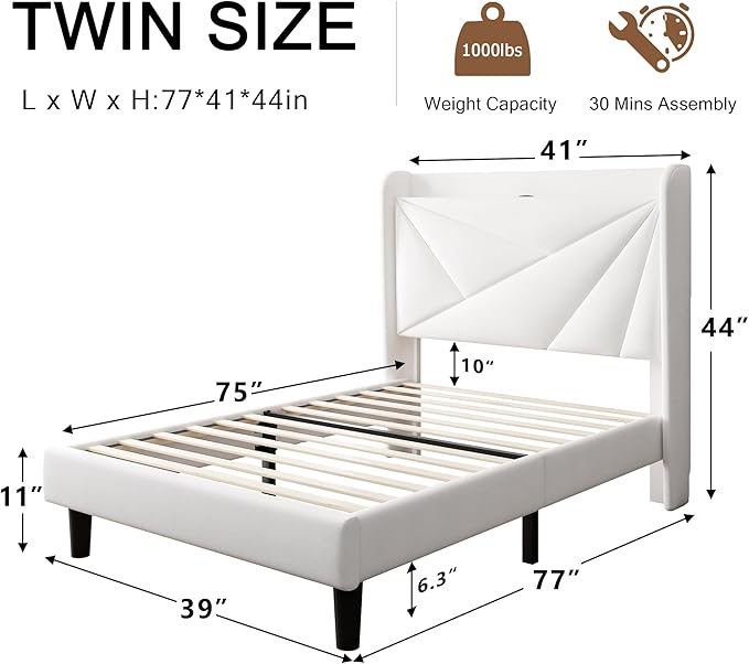 Twin Size Upholstered Bed Frame with Charging Station, Platform Bed Frame with Storage Headboard, Solid Wood Slats Support, No Box Spring Needed, White