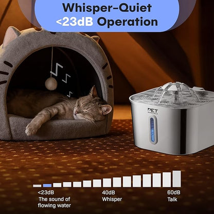 Stainless Steel Cat Water Fountain – 2.2L/74oz Ultra-Quiet Pump, Visible Water Level, Dual Flow Modes – Automatic Pet Water Dispenser for Cats & Small Dogs