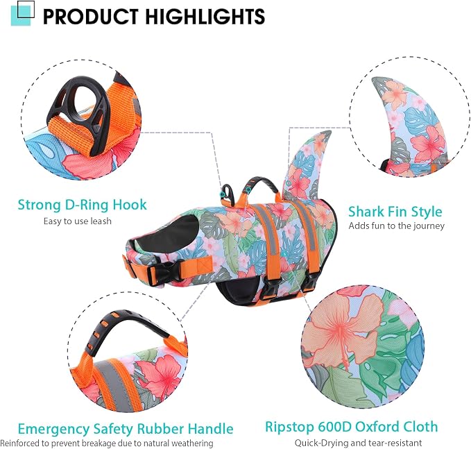 Dog Life Jacket High Flotation, Reflective Dog Life Vest for Swimming, Adjustable Dogs Life Preserver Rescue Handle Spring Summer Pool for Small, Medium, Large Dogs (HawaiiOrange,L)