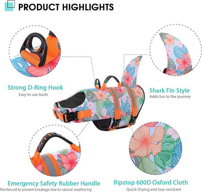 Dog Life Jacket High Flotation, Reflective Dog Life Vest for Swimming, Adjustable Dogs Life Preserver Rescue Handle Spring Summer Pool for Small, Medium, Large Dogs (HawaiiOrange,L)