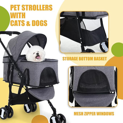 Dog Stroller Cat Stroller Pet stoller 3-in-1 Folding Dog Stroller for Small Medium Dogs Cats with Detachable Carrier Storage Basket Waterproof Lightweight for Travel,Grey