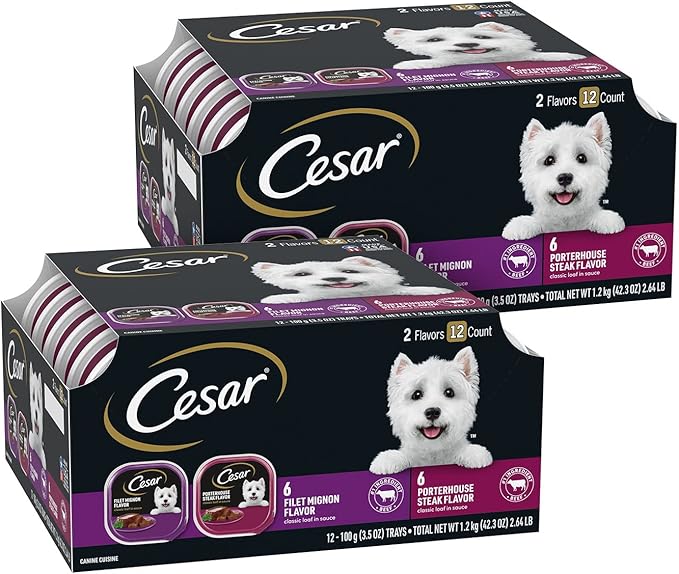 Cesar Wet Dog Food Classic Loaf in Sauce Filet Mignon and Porterhouse Steak Flavors Variety Pack, 3.5 oz. Easy Peel Trays (12 Count, Pack of 2)