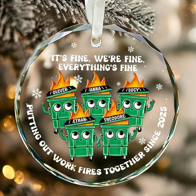 NAZENTI Personalized Fire Response Team Glass Ornament, Custom Flaming Dumpster Holiday Piece, Coworker Christmas Tree Hanging Decoration