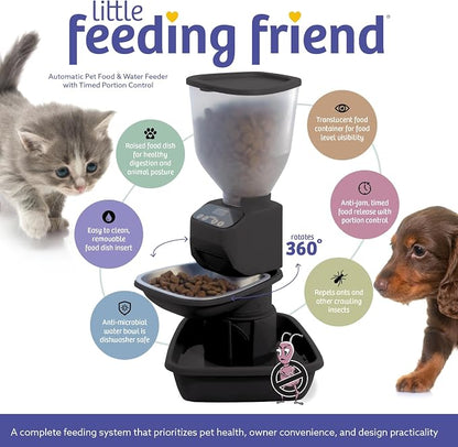 Feeding Friend® Automatic Dog & Cat Food Feeder with Water Dispenser Smart Pet Feeder with Portion Control, OLED Display, Anti Jam Design, Battery Operated Dispenser for Small XS 4-15 lbs Pets Black