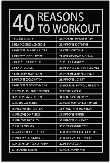 40 Reasons to Workout Inspirational Canvas Painting Motivational Wall Art Inspiration Affirmative Poster Prints Artwork for Living Room Home Decor Office Framed Ready to Hang [12''W x 18''H]