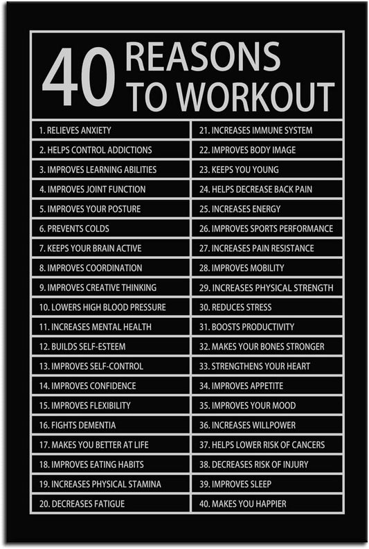 40 Reasons to Workout Inspirational Canvas Painting Motivational Wall Art Inspiration Affirmative Poster Prints Artwork for Living Room Home Decor Office Framed Ready to Hang [12''W x 18''H]