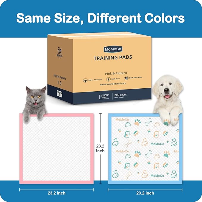 MoMoCo Value Pack Puppy Training Pads 23"x23", 200 Count (Pattern100 + Pink100) – Leak-Proof & Super Absorbent Potty Pads for Small Dogs, Cats & Rabbits