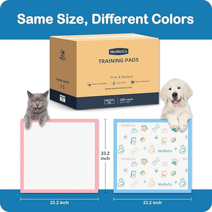 MoMoCo Value Pack Puppy Training Pads 23"x23", 200 Count (Pattern100 + Pink100) – Leak-Proof & Super Absorbent Potty Pads for Small Dogs, Cats & Rabbits