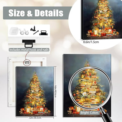 Vintage Books Christmas Tree Canvas Wall Art - Rustic Literary Still Life Framed Print for Cozy Winter Decor, Light Academia Christmas Wall Art, Unique Christmas Gifts & Festive Decorations