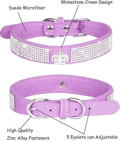 Bling Dog Collar for Small Medium Large Dogs, Crown Rhinestone Dog Collars for Girl and boy Dog, Diamond Puppy Collars, Adjustable Leather Suede SOFE Cat Collar (M(13"-15.4"/33CM-39CM), Purple)