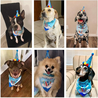 ADOGGYGO Dog Birthday Bandana Scarf and Blue Boy Pet Birthday Party Hat with Cute Bow Tie for Medium Large Dog Pet (Large)