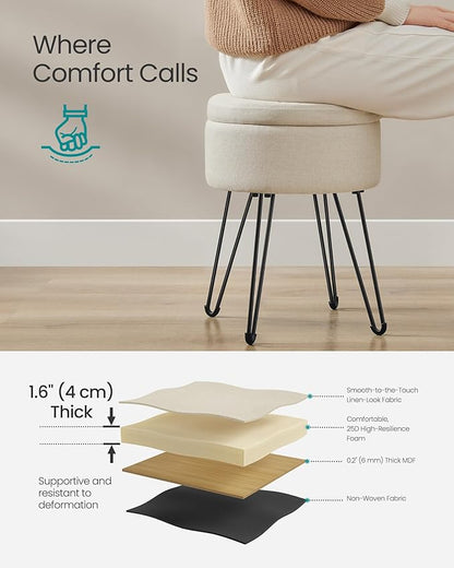 SONGMICS Vanity Stool Chair, Small Ottoman Stool with Storage, Vanity Chair, 15.4 Dia. x 17.4 Inches, 4 Metal Legs, for Makeup Room, for Living Room, Bedroom, Cream White ULOM002W01