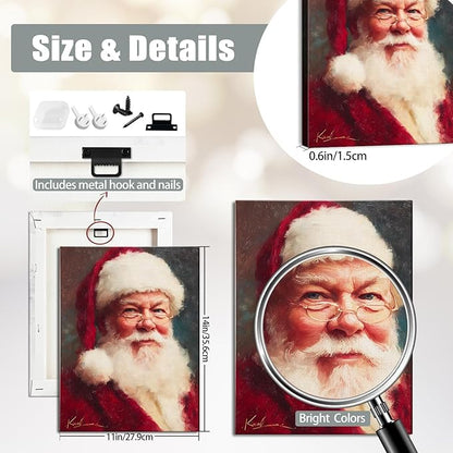 Vintage Santa Claus with Red Hat Portrait Christmas Canvas Wall Art - Victorian Style Framed Canvas Prints for Living Room & Bedroom, Classic Christmas Wall Decor, Christmas Gifts & Winter Decor