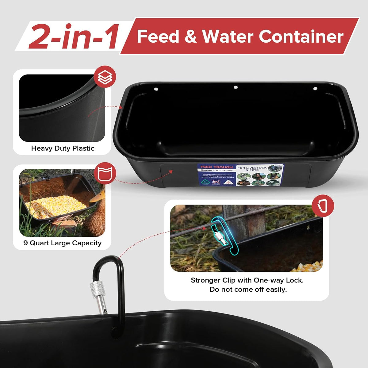 Goovilla Large Feed Trough, Hanging or Screw-in Fence Feeder with Clips, 2 Pack 9 Quart Goat Feeder Supplies, Dog Horse Hog Pig Livestock Poultry Plastic Feeder Trough Bucket for Large Animal, Black