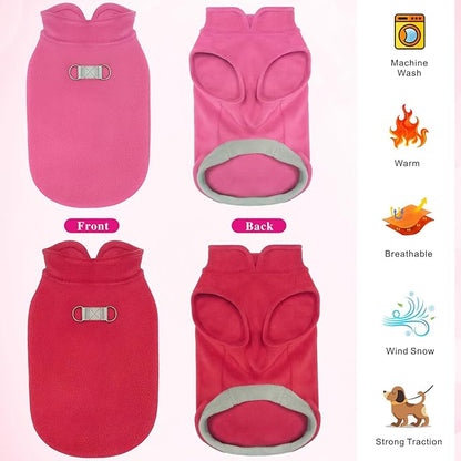 Idepet 2 Pack Dog Fleece Vest Sweater Warm Pullover Jacket with D-Ring Leash Reflective Winter Coat Hoodie for French Bulldog Pug Chihuahuas Yorkies Dachshunds(Red&Rose Red,X-Large-French Bulldog)