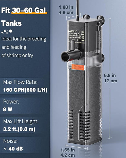 Pawfly Internal Aquarium Filter with 160 GPH Water Pump Quiet Submersible Bio Sponge Foam Filter for 30 to 60 Gallon Fish Tanks Multifunctional Filter for Filtration Circulation and Oxygenation