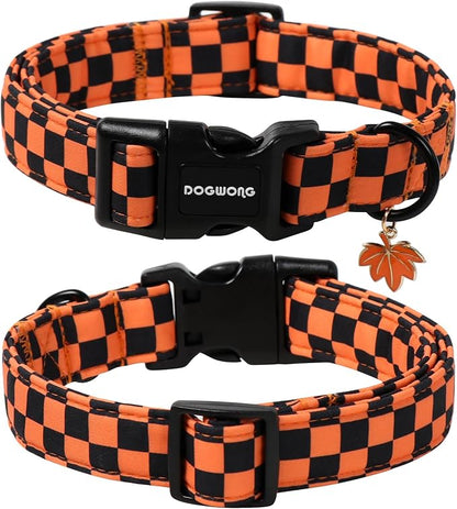 DOGWONG Fall Dog Collar, Orange Checkered Dog Collar Adjustable Soft Cute Pet Dog Collars Cute Plaid Puppy Necklace for Small Medium Large Dogs