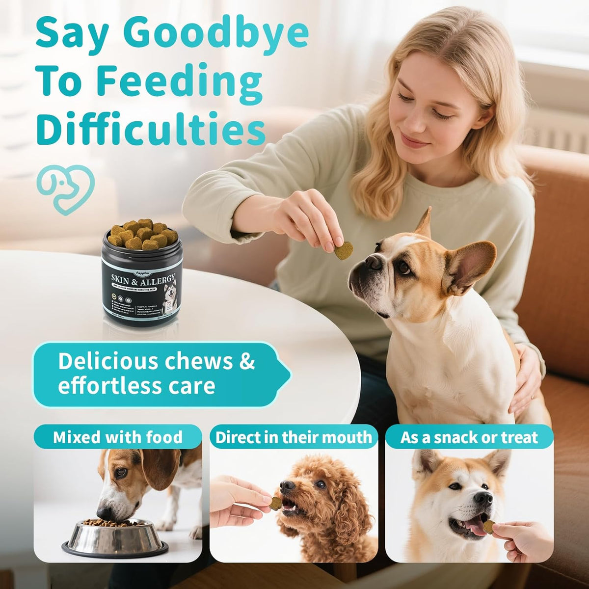 Dog Skin & Allergy Chews - Dog Probiotics for Sensitive Skin Health Support - Allergy Relief - Support Seasonal Allergies, Immune & Gut & Digestive Health Supplement - Chicken Flavor - 90 Count