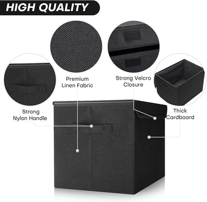 Large 22 Quart Linen Fabric Foldable Storage Bin Cube Organizer Basket with Flip-Top Lid & Handles, Clothes Blanket Box for Home, Office, Closet, Black, 4 Pack 14.6 x 9.5 x 9.5”