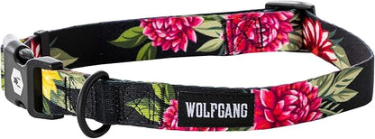 Wolfgang Heavy Duty, Adjustable Dog Collar with Quick Release Nylon Buckle for Walking & Training, DarkFloral Print, Medium