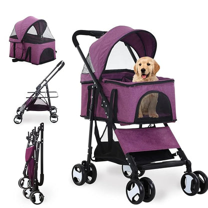 Dog Stroller 3-in-1 Folding Dog Stroller for Medium Small Dogs Pet Stroller Cat Stroller 4 Wheels with Detachable Carrier Storage Basket Waterproof Lightweight for Travel,Purple