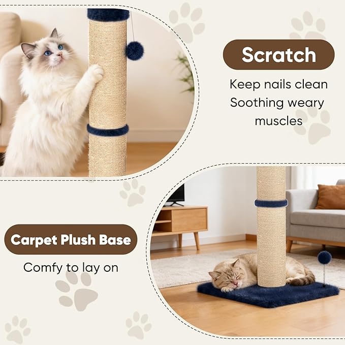 XiaZ Cat Scratching Post 34 Inches Tall, Cat Tower Scratcher Extra Wide 15.8" Stable Base with 2 Interactive Balls, Premium Natural Sisal & Plush Fabric for Small, Medium Large Cats (Navy Blue, 4.5in)