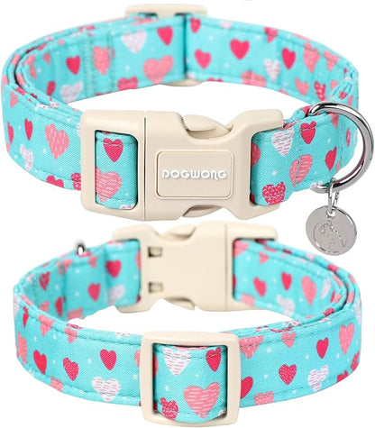 DOGWONG Valentine's Dog Collar - Blue Heart Adjustable Cotton Heart Dog Collar - Perfect for Small to Medium Dogs