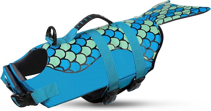 Mermaid Dog Life Jacket - Lightweight Dog Swimming Vest, High Buoyant, Blue, L