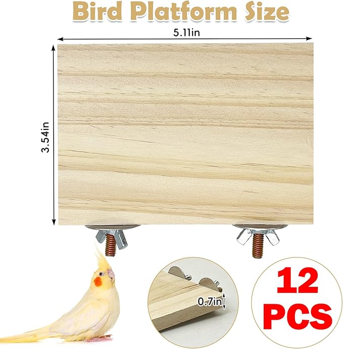 kathson 12 Pcs Wooden Bird Cage Platform Flat Birds Perch Stand Rectangle Parrot Perch with Washers for Bird Paw Grinding Cockatiel Cage Accessories for Parrot, Budgies, Conure, Lovebirds