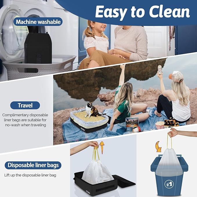 Petskd Portable Cat Travel Litter Box with Lid and 10 pcs Disposable Liner Bags, Leak-Proof and Collapsible, Cat Travel Essentials for Car, Hotel, Airplane and Other Outdoor Use(Black)