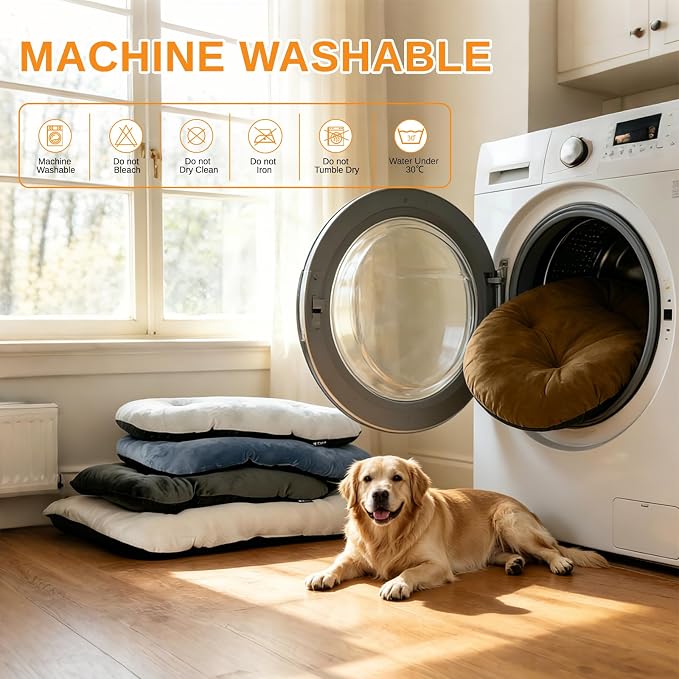 Washable Oval Dog Bed for Large Dogs, Silver-Tipped High-Resilience, Brown | Non-Slip Bottom Prevents Sliding, Soft Plush Short Fur, Machine Washable, Ideal for Crates/Apartments/Cozy Nooks,35"x22"x3.2"