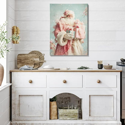 Pink Santa Christmas Canvas Wall Art - Elegant Winter Decor Framed Print for Girls Bedroom, Vintage Christmas Wall Art with Glitter Accents, Ready-to-Hang Christmas Gifts for Women