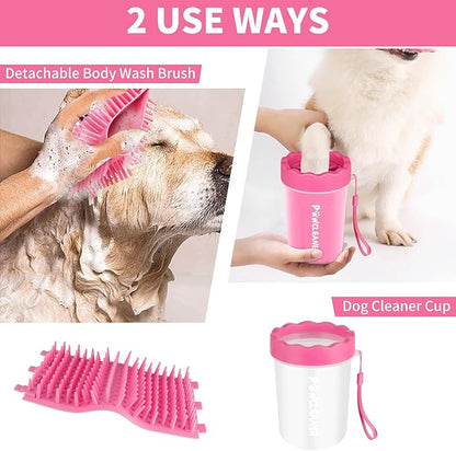 Professional 7 in 1 Dog Paw Cleaner for Dogs & Cats - Includes 1 Portable Paw Washer, 1 Bath Brush, 2 Dog Toothbrushes and 3 Absorbent Towels Note: Fits Paws 1.5 to 2.5 Inches Wide (Medium, Pink)