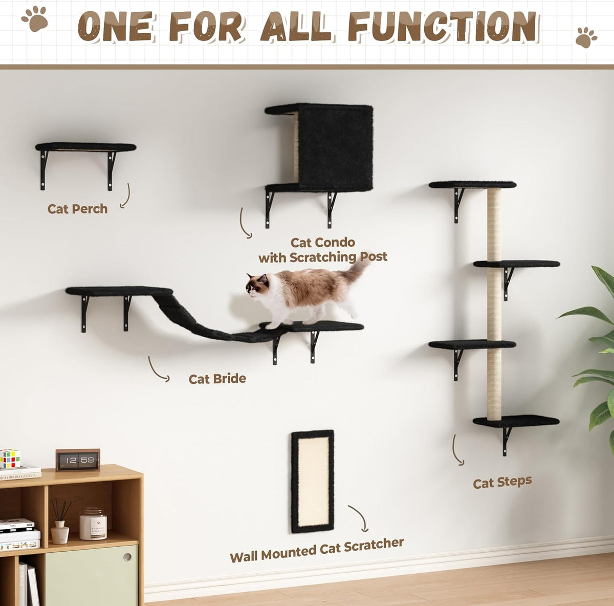 COZIWOW Wall Mounted Cat Furniture, Cat Wall Shelves and Perches, Floating Cat Shelves for Wall Set of 5 (Black)