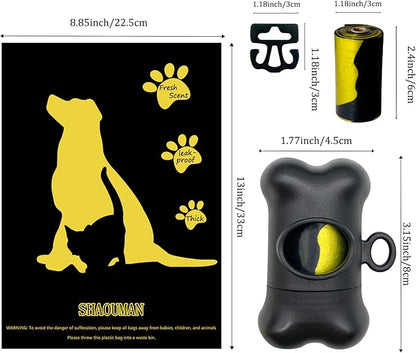 Bone-Shaped Dog Poop Bag Holder for Leash |Dispenser with 15 Leak-Resistant Waste Bags & Carabiner Clip(Black)
