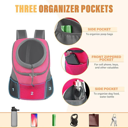 YUDODO Dog Front Carrier Backpack, Adjustable Breathable Dog Backpack | Ventilated, Safety Belt, Lightweight, Reflective Strip, Pocket Storage, For Walking Hiking Outdoor, Rose, L
