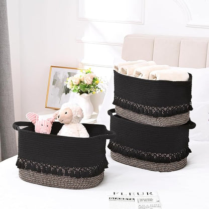 2 Pack Storage Basket for Shelves, Boho Cotton Rope Storage Bins with Heavy Tassel, Shelf Baskets Large Woven Baskets for Organizing, Cube Organizer Bins, Baby Laundry Basket for Clothes, Toys, Pets