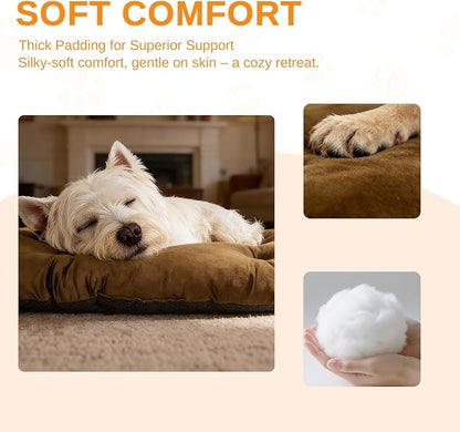 Washable Oval Dog Bed for Large Dogs, Silver-Tipped High-Resilience, Brown | Non-Slip Bottom Prevents Sliding, Soft Plush Short Fur, Machine Washable, Ideal for Crates/Apartments/Cozy Nooks,35"x22"x3.2"