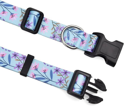 Dog Collar and Leash Set with Bohemia Floral Tribal Geometric Patterns - Soft Ethnic Style Collar Adjustable for Small Medium Large Dogs(Pink + Purple Floral Set,M)