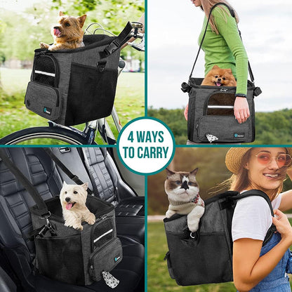PetAmi Dog Bike Basket, Soft-Sided Ventilated Dog Bike Carrier Backpack, Pet Bicycle Basket for Bike Handlebar, Small Medium Puppy Cat Kitten Car Booster Seat with Safety Strap, Max 18 lbs, Dark Gray