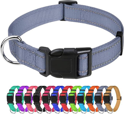 TagME Reflective Nylon Dog Collars, Adjustable Classic Pet Collar with Quick Release Buckle for Medium Dogs, Grey, 1.0" Width